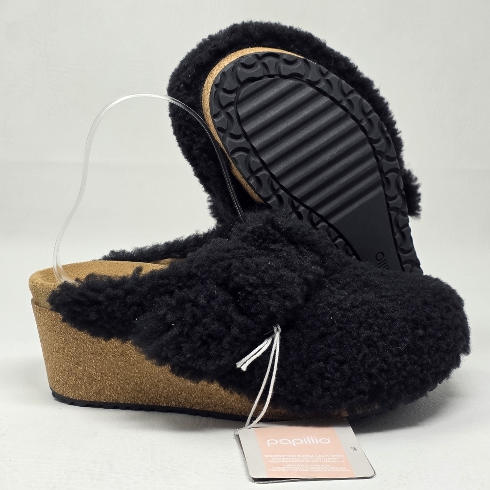 Papillio Birkenstock Women Size 7 Fanny Teddy Wedge Black Shearling Sherpa NEW